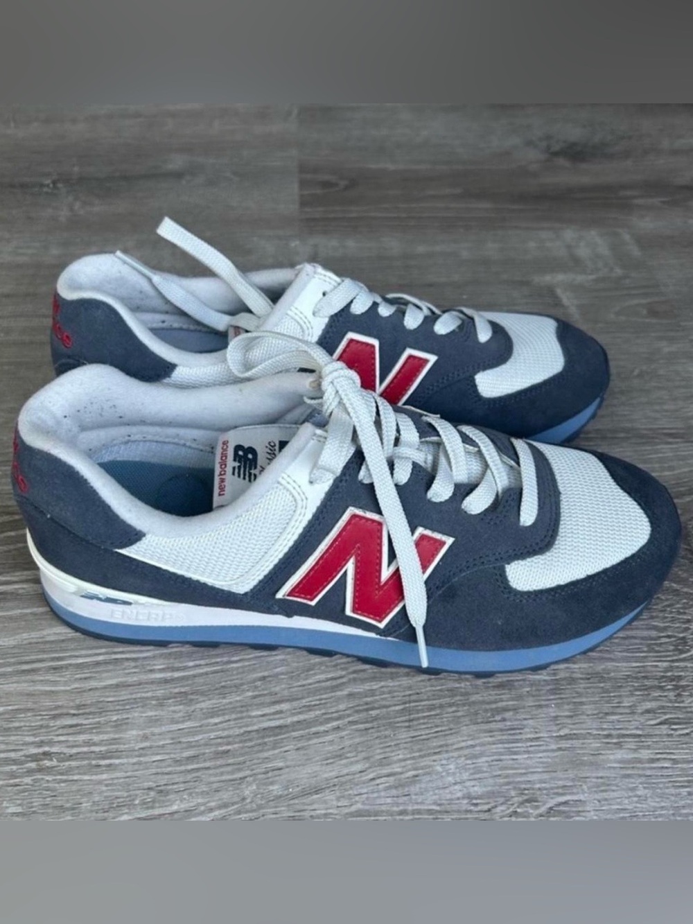 New Balance 574 Men's Gray and Navy Retro Runner with Red Logo